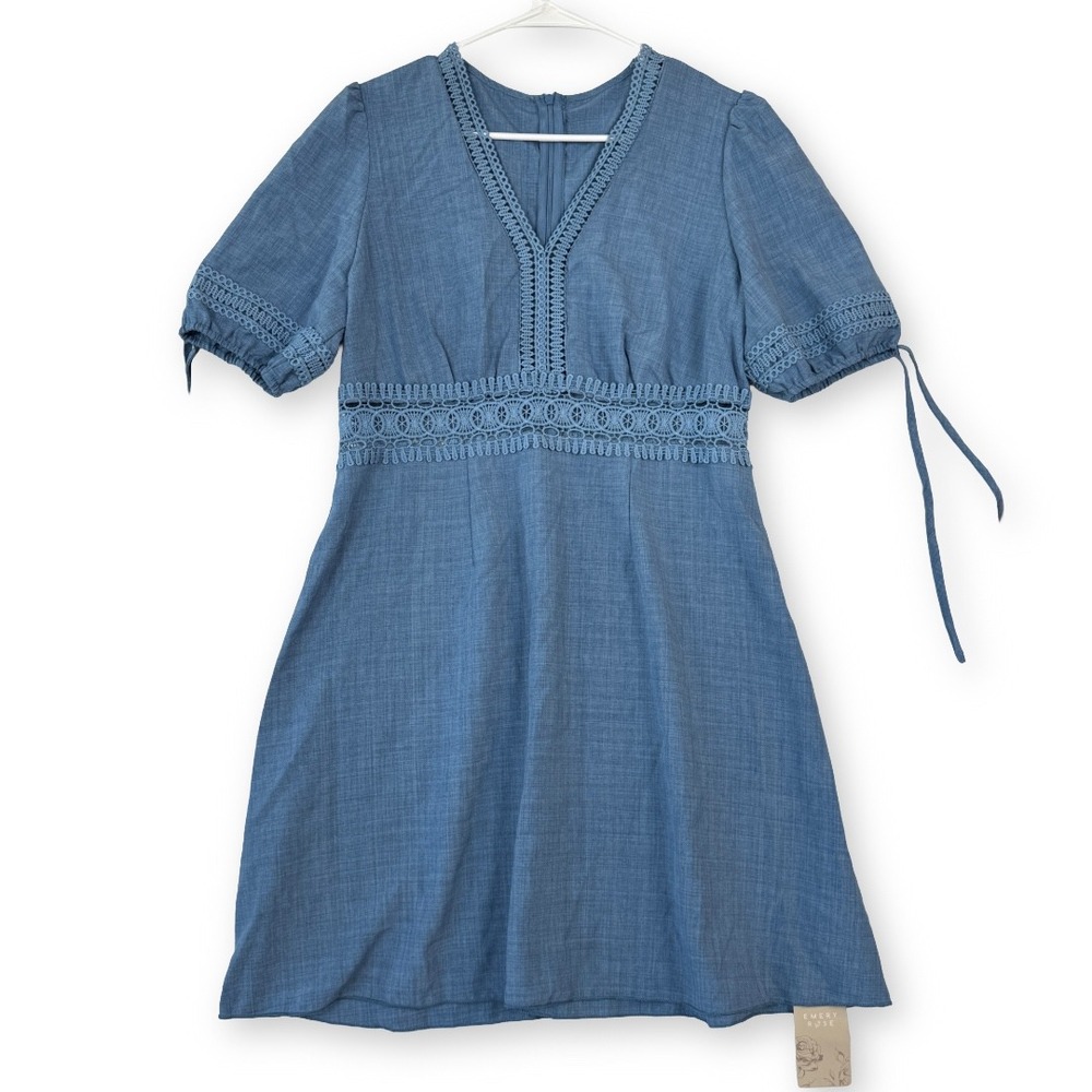 Emery Rose Blue Crochet Lace Trim V-Neck Puff Sleeve Mini Dress Size M NWT